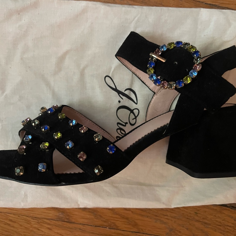Jcrew black suede block heels, rhinestone details, dust bag